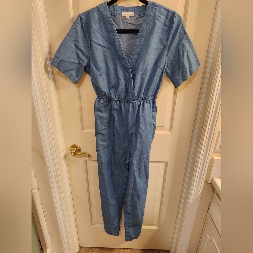 EMORY PARK chambray Jean like Short Sleeve Pant Romper medium